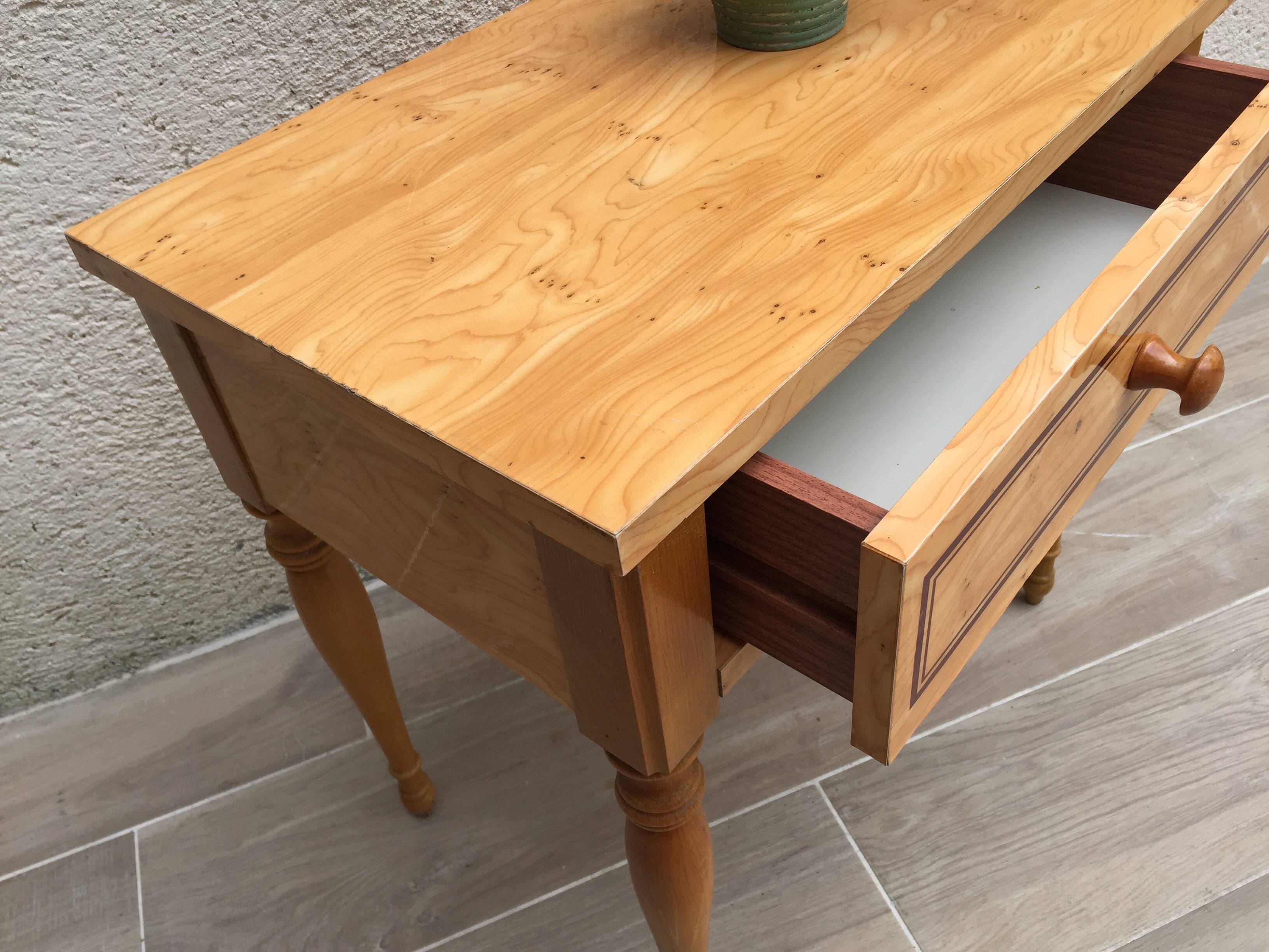 Formica and vintage wood bedside table