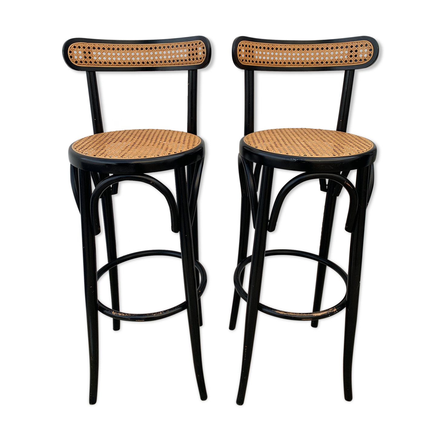 Pair of high canne stools or black curved wooden bar chairs, 1970