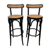 Paire de tabourets cannés hauts ou chaises de bar en bois courbé noir, 1970
