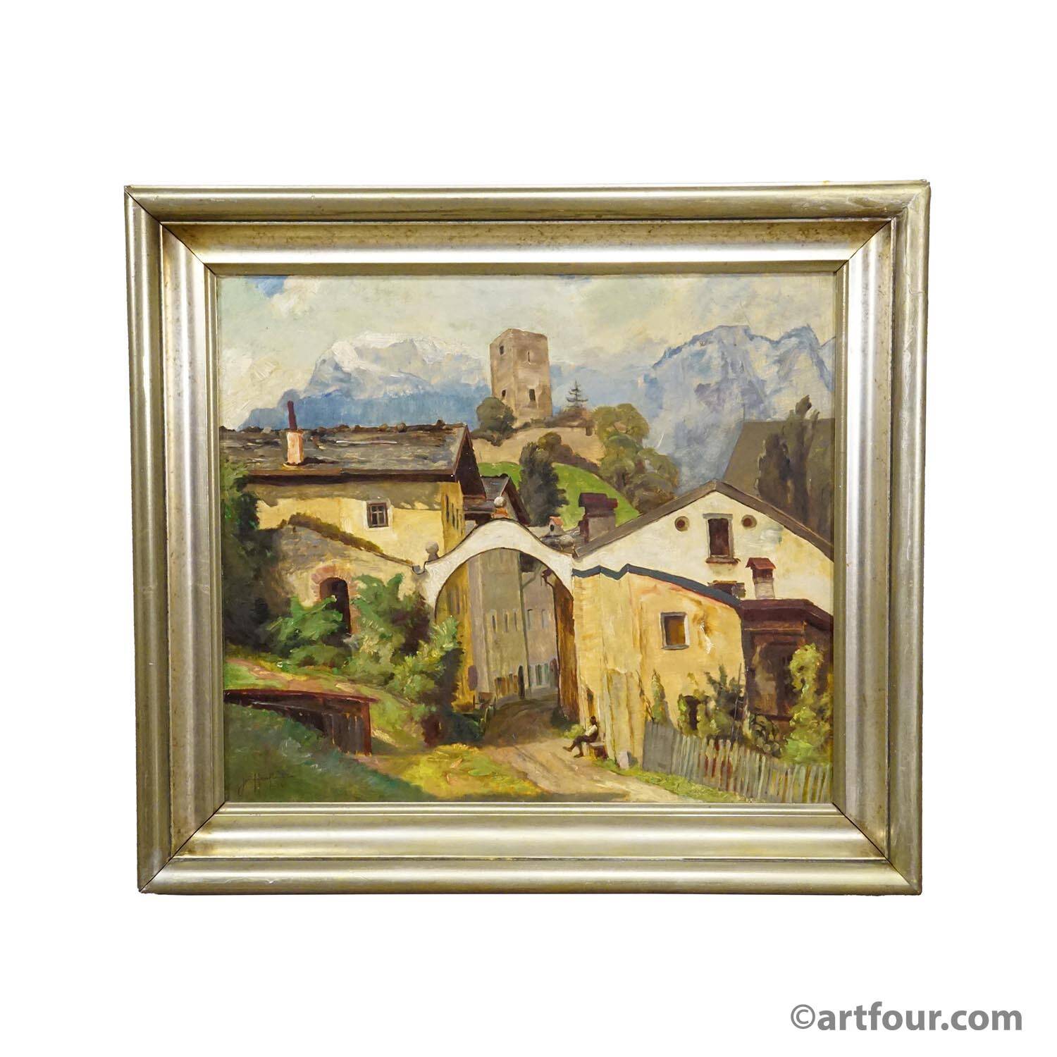 Biedermeier painting of a European alpine village, late 19th century.