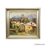 Biedermeier painting of a European alpine village, late 19th century.