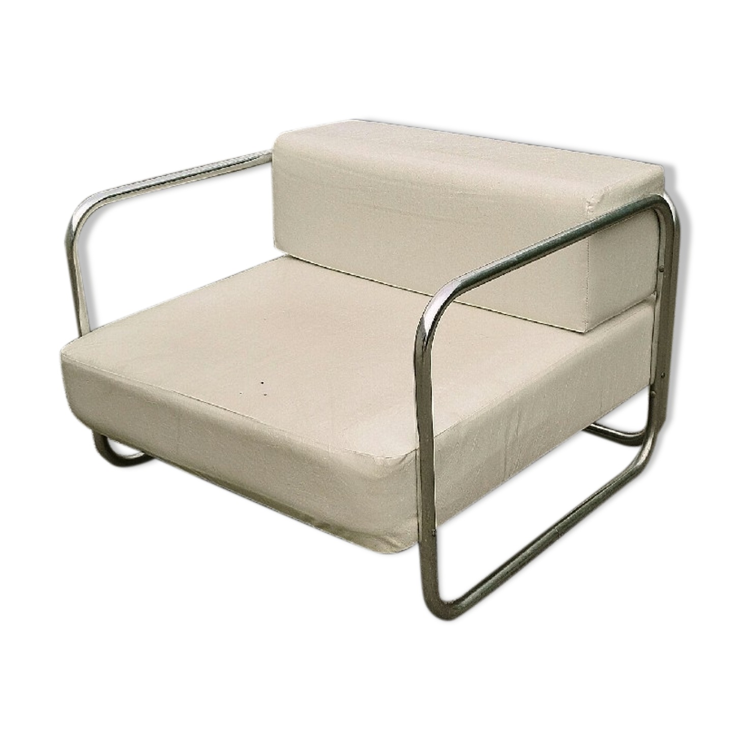 Chrome-designed chair and faux white leather 1970