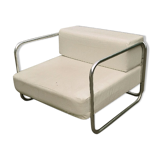 Chrome-designed chair and faux white leather 1970