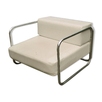 Chrome-designed chair and faux white leather 1970