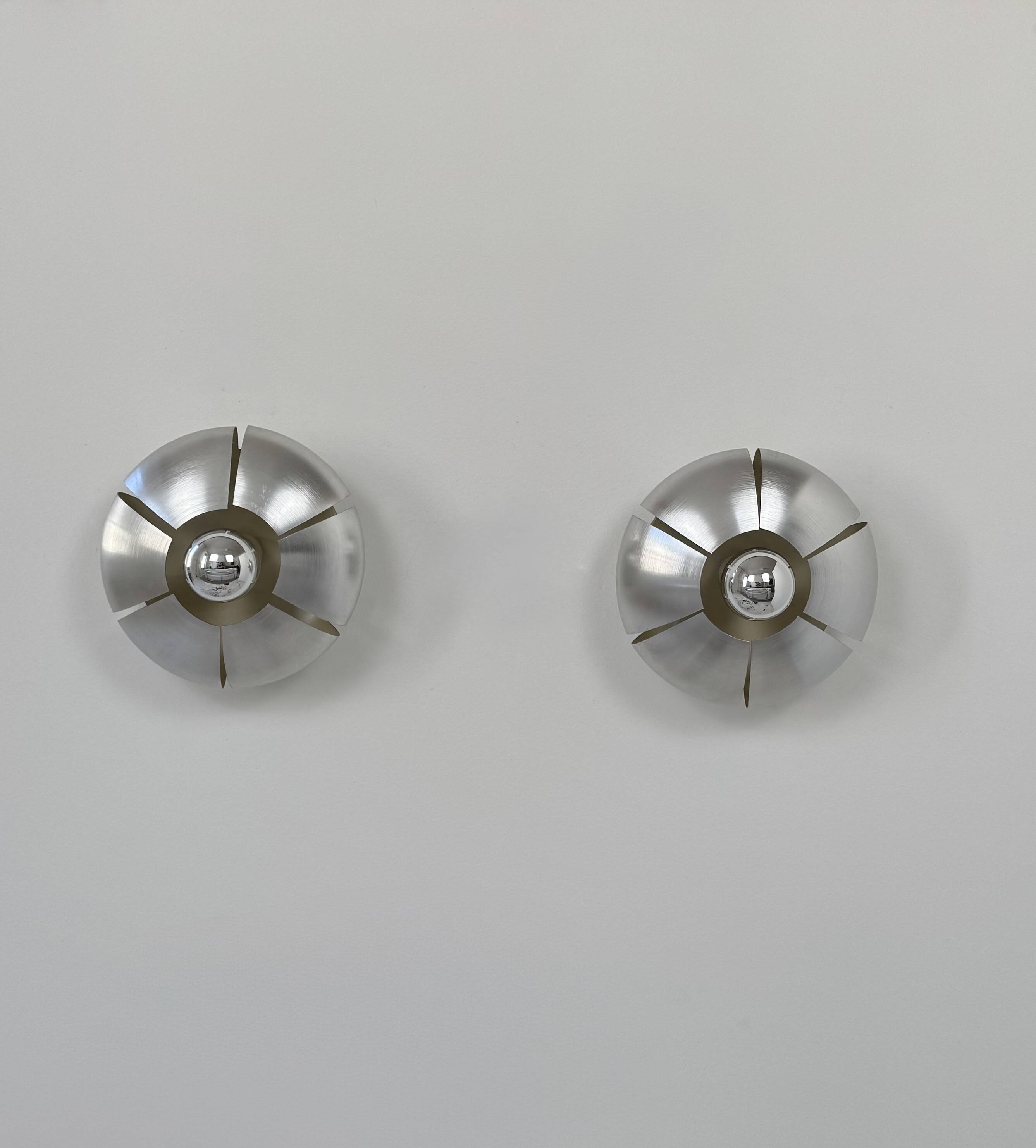 Pair of vintage wall lights, brushed aluminium, France, 1970.