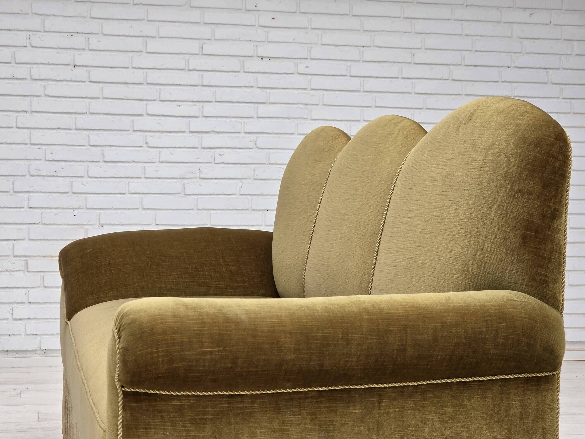 1950s, 2 seater sofa/daybed, light green furniture velour, ash wood legs.