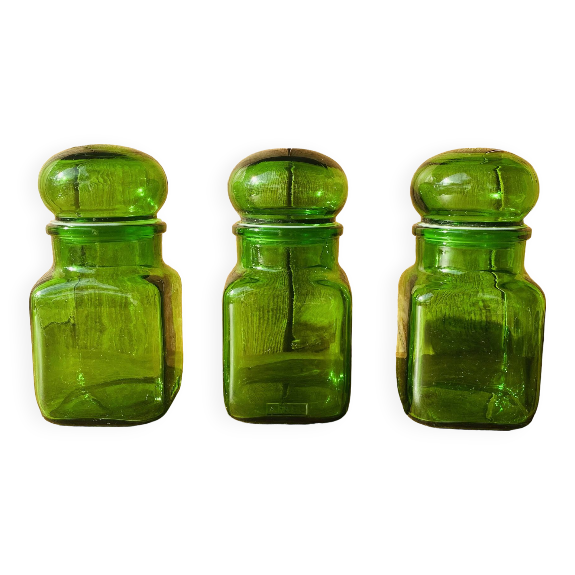 Set of 3 Ariel vintage green glass jars