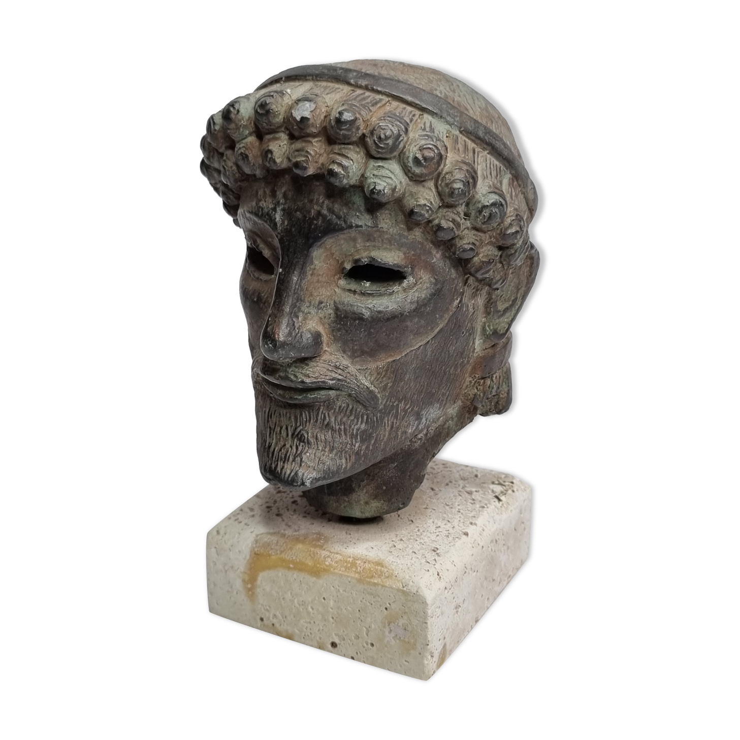 Head of Zeus in patinated plaster in imitation of bronze, 15 cm