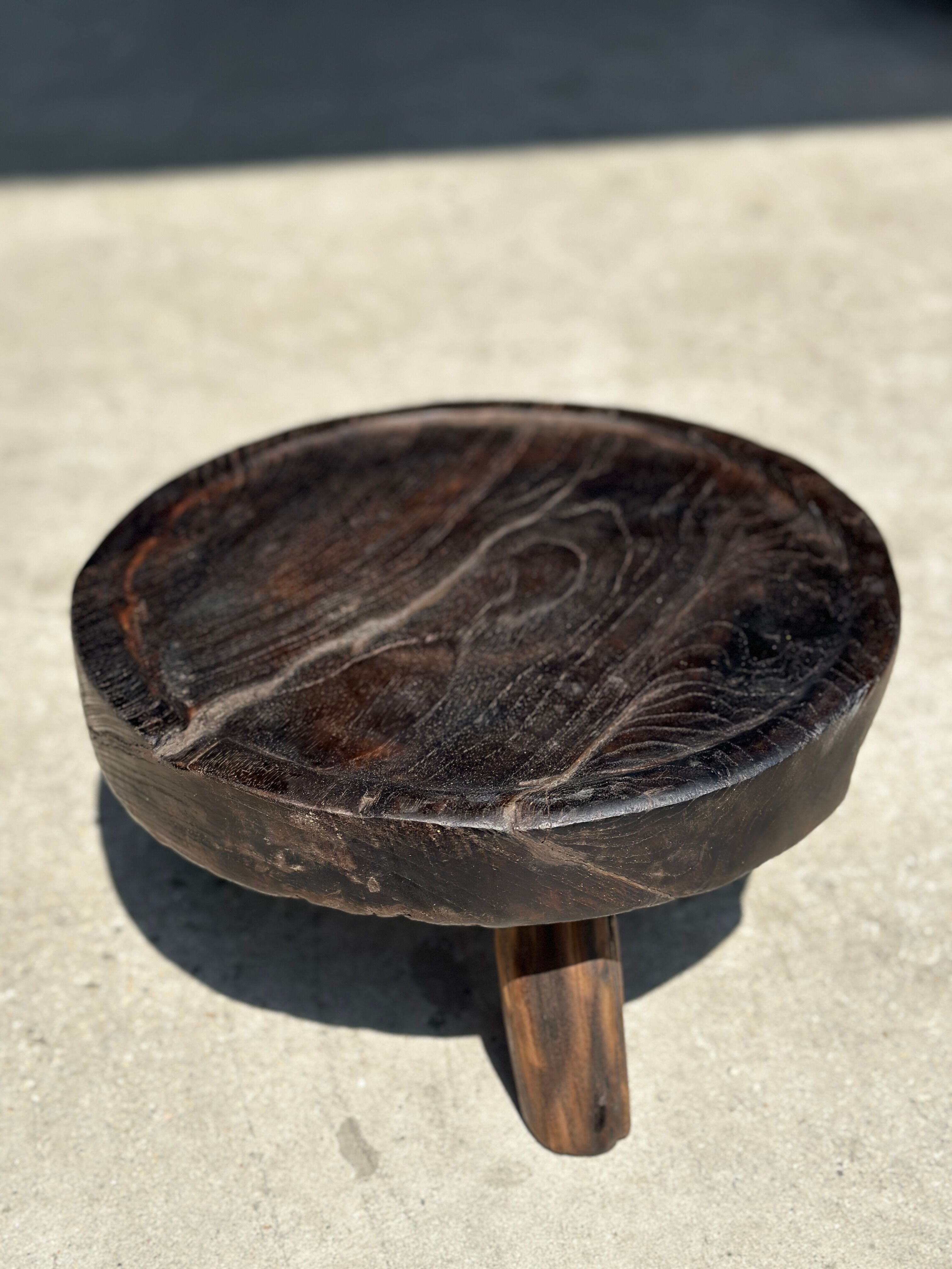 Small tripod stool low in dark brown upcycled teak