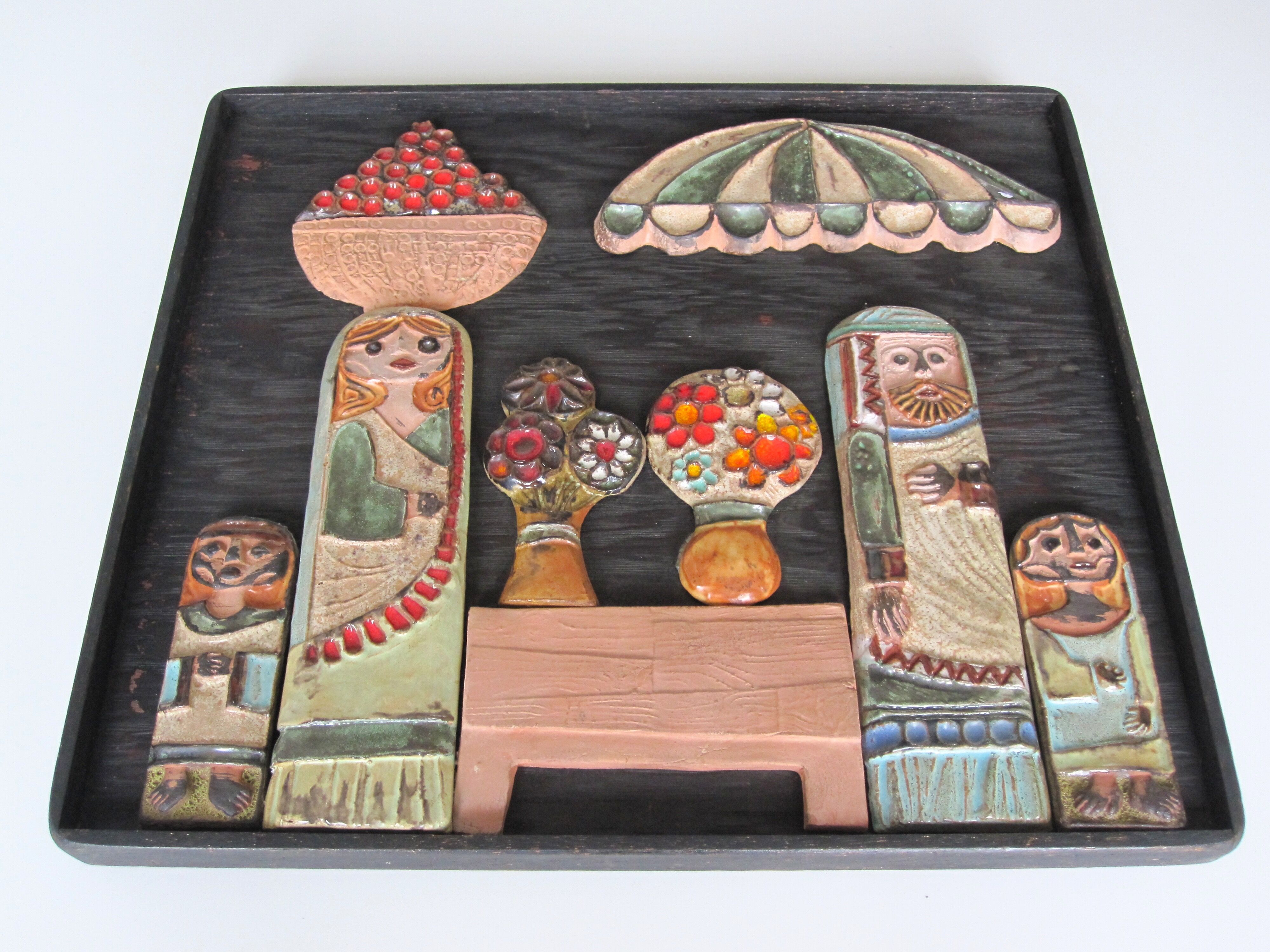 Roland Zobel The Cyclades Anduze Ceramic Market Scene On Wooden Frame 1950 Selency