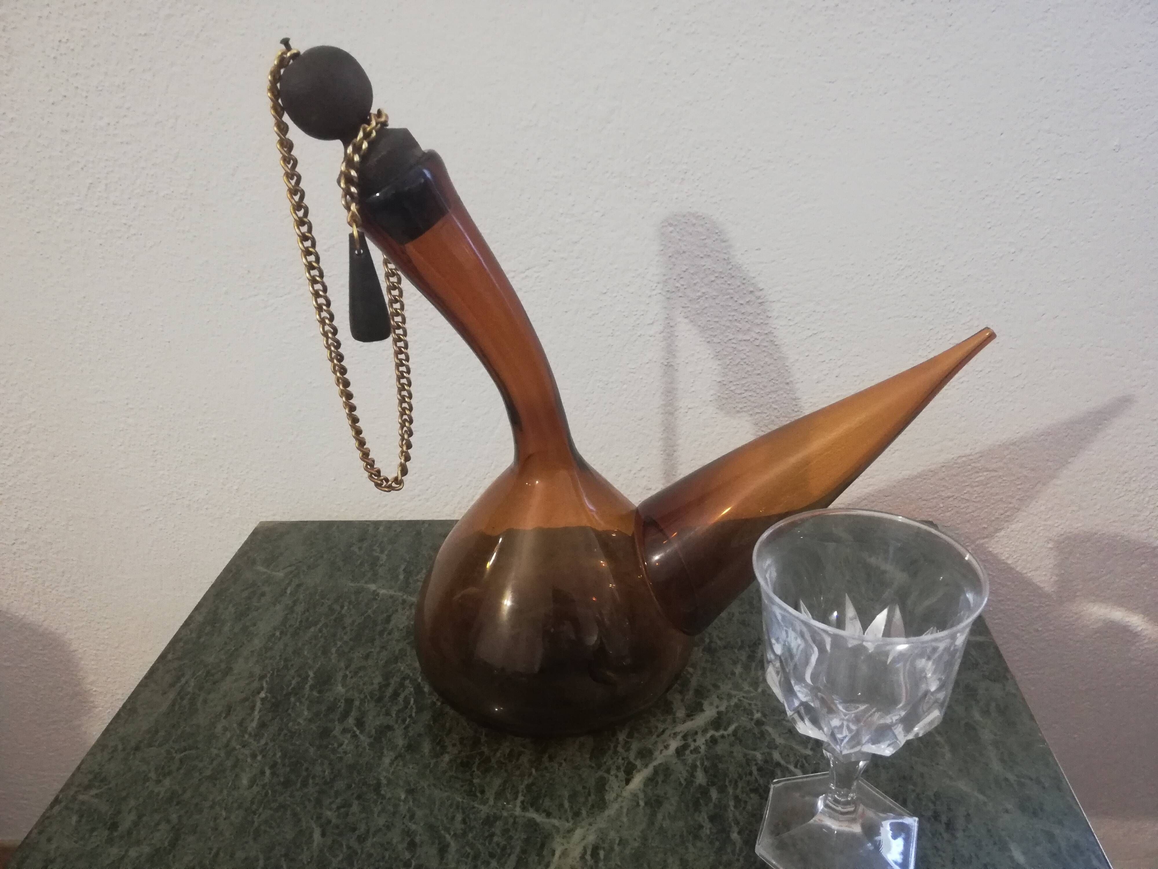 Vintage amber glass porron/vintage carafe/pitcher