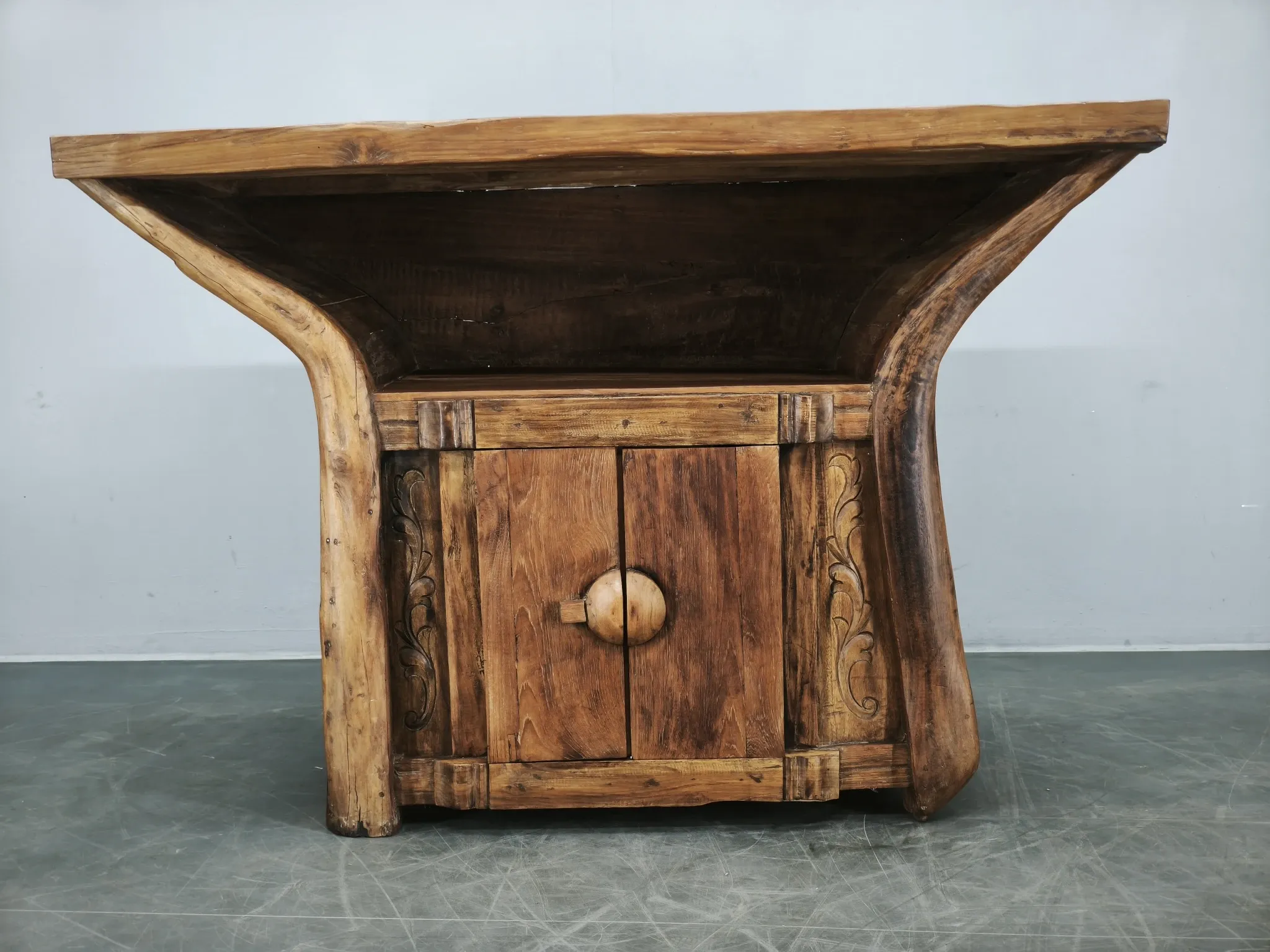 1970s Asian Rustic Solid Wood Console Table, Hand-Carved Primitive Sideboar