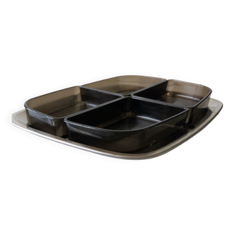 Vintage aperitif dish in solid stainless steel with its 70s 'smoked plastic cups. GUY Degrenne