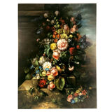 Procédé sur toile rehaussé à la main, bouquet de fleurs sur entablement