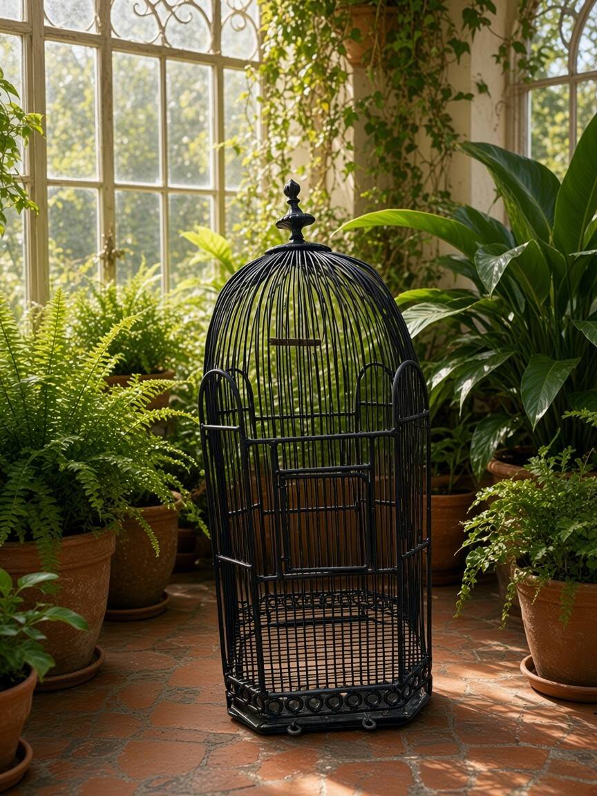 Old black metal birdcage from the early 20th century.