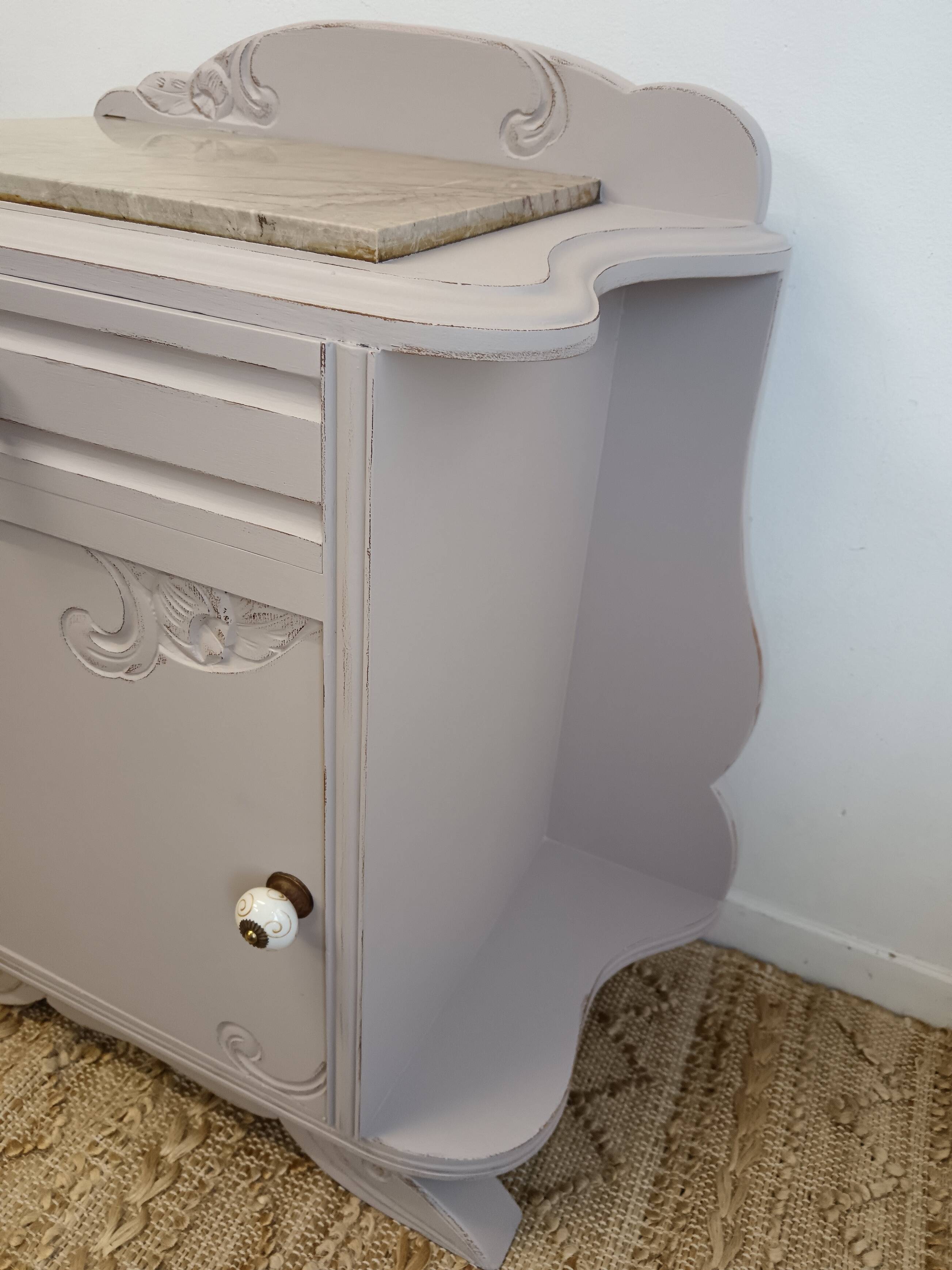 Vintage grey bedside table with marble top from the 1930s.