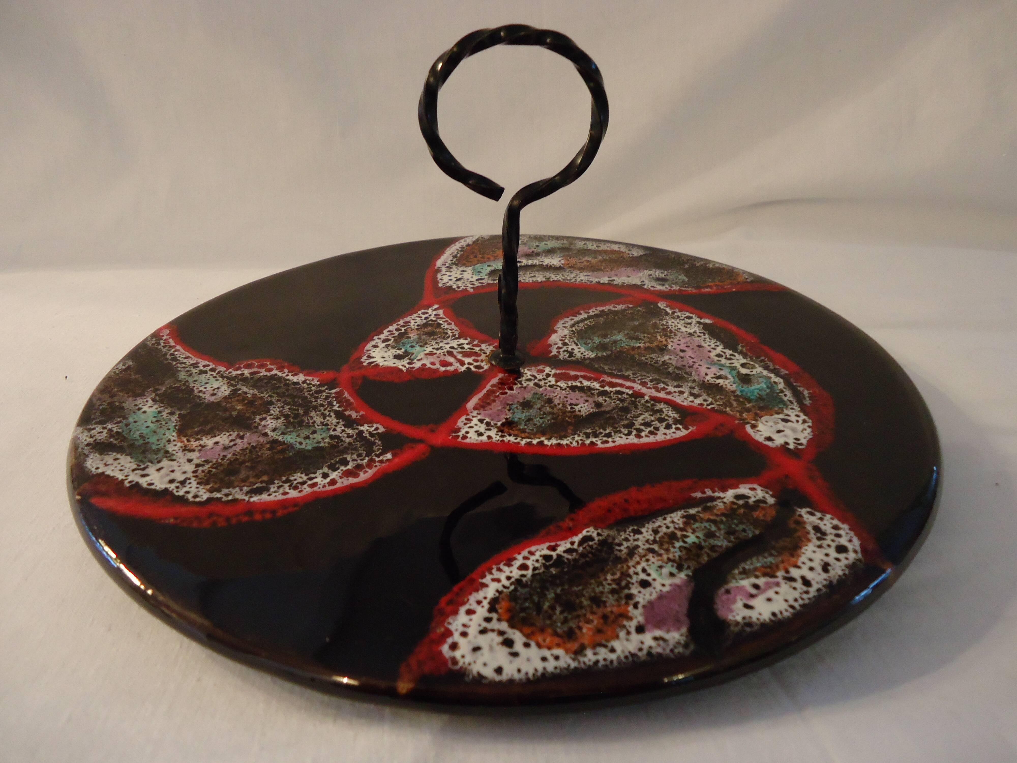 Cheese platter Vallauris glazed ceramic black red A035