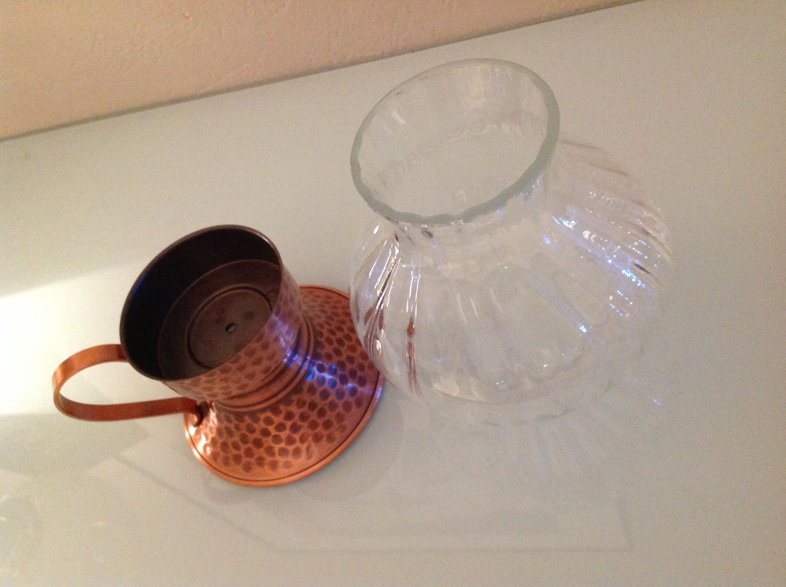 Hammered red copper candle holder and glass/vintage 60s/70s