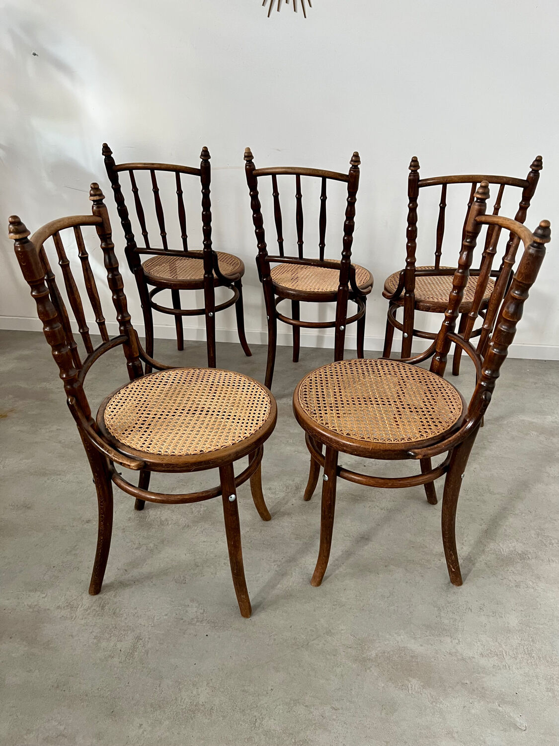 Lot 6 old vintage wooden bistro chairs brand Fischel early 20th century