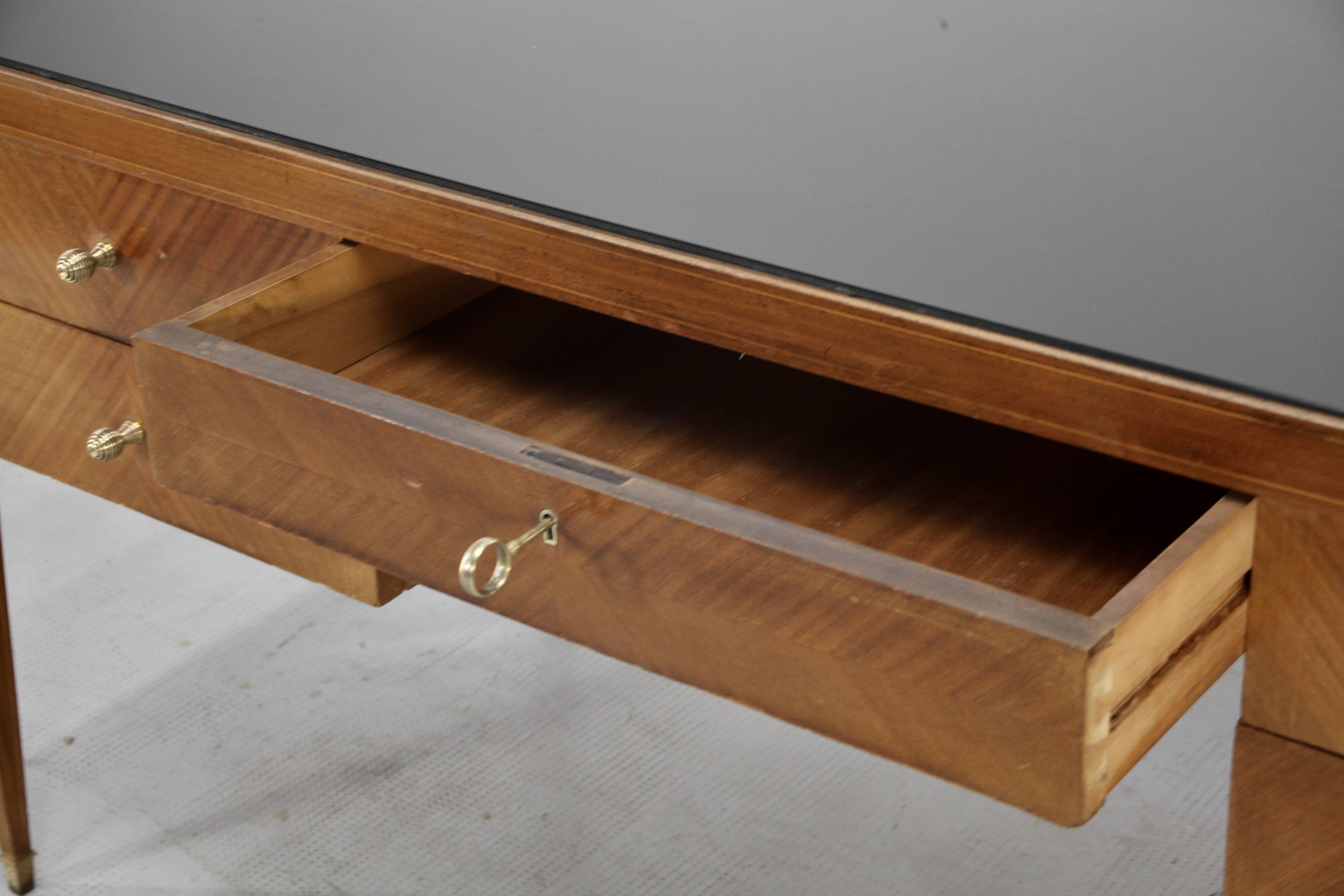 Midcentury Italian Desk In Walnut, Brass And Glass.