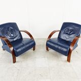 Pair of bentwood and blue leather armchairs, 1970s