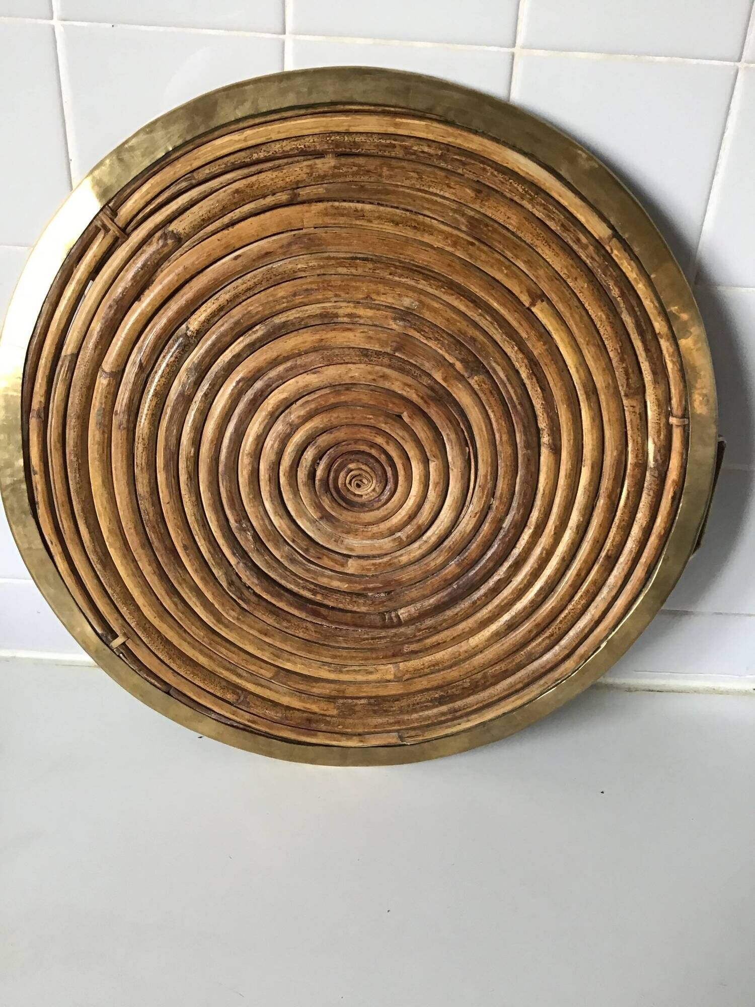 Round vintage bamboo and brass tray in the spirit of Gabrielle Crespia.