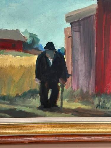Swedish Oil on panel "man standing" by Svan Grandin, Vintage & Framed 40×38cm
