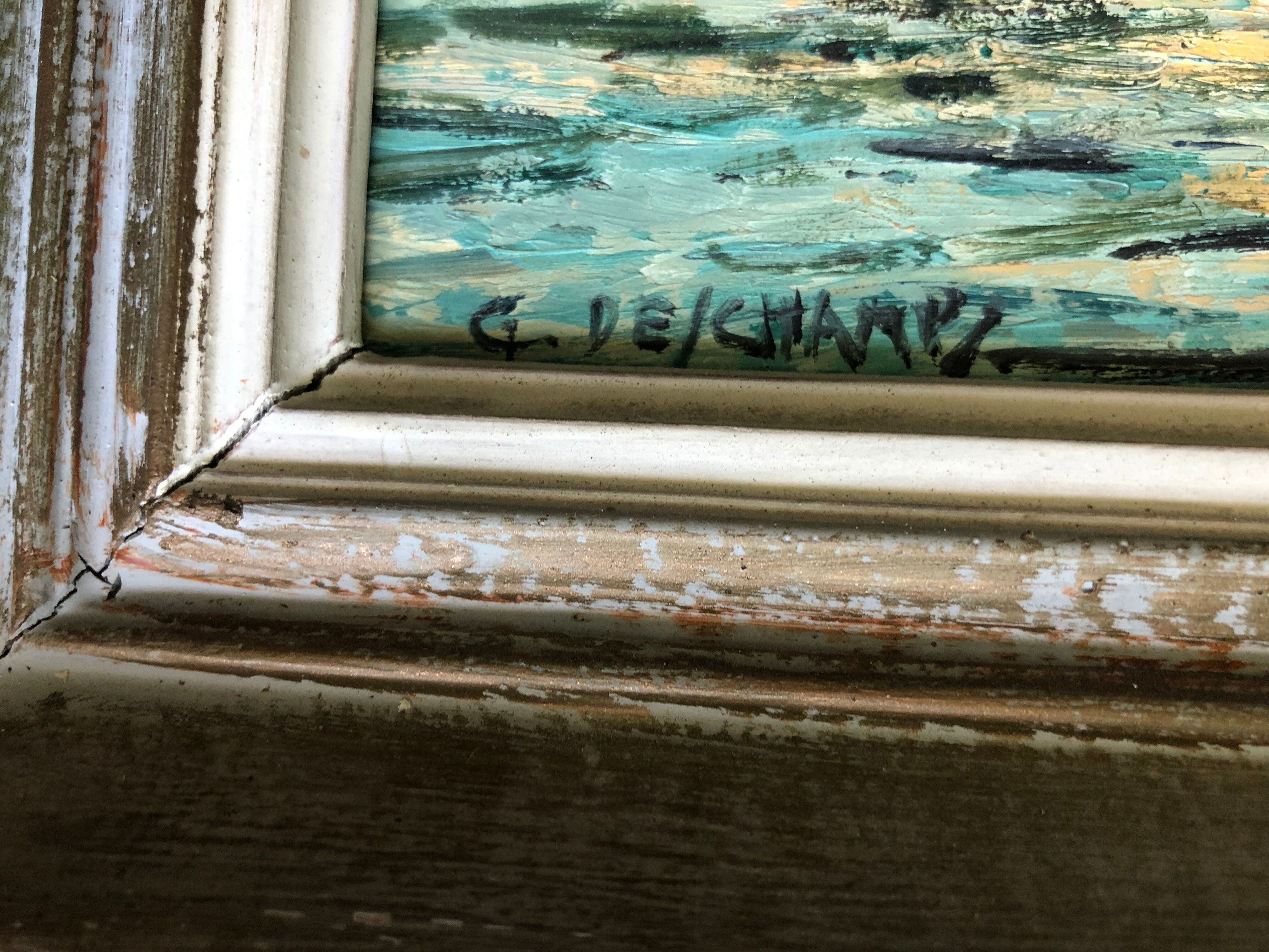 Oil on panel: fishing boats at sunset