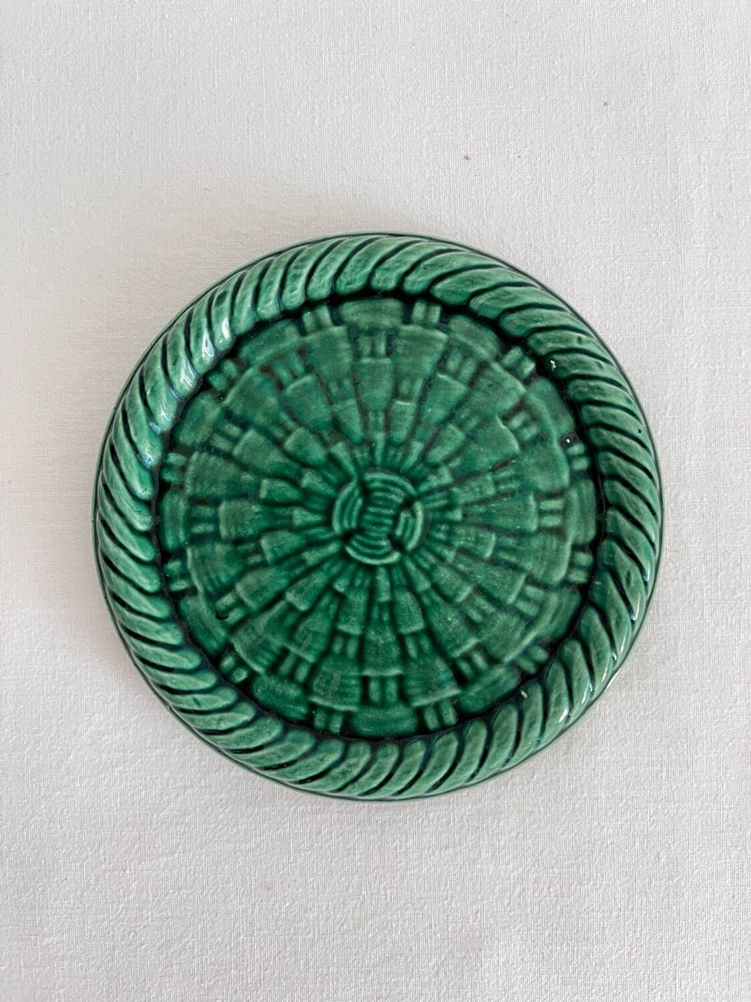 Dessous de bouteille vintage en céramique verte tressée