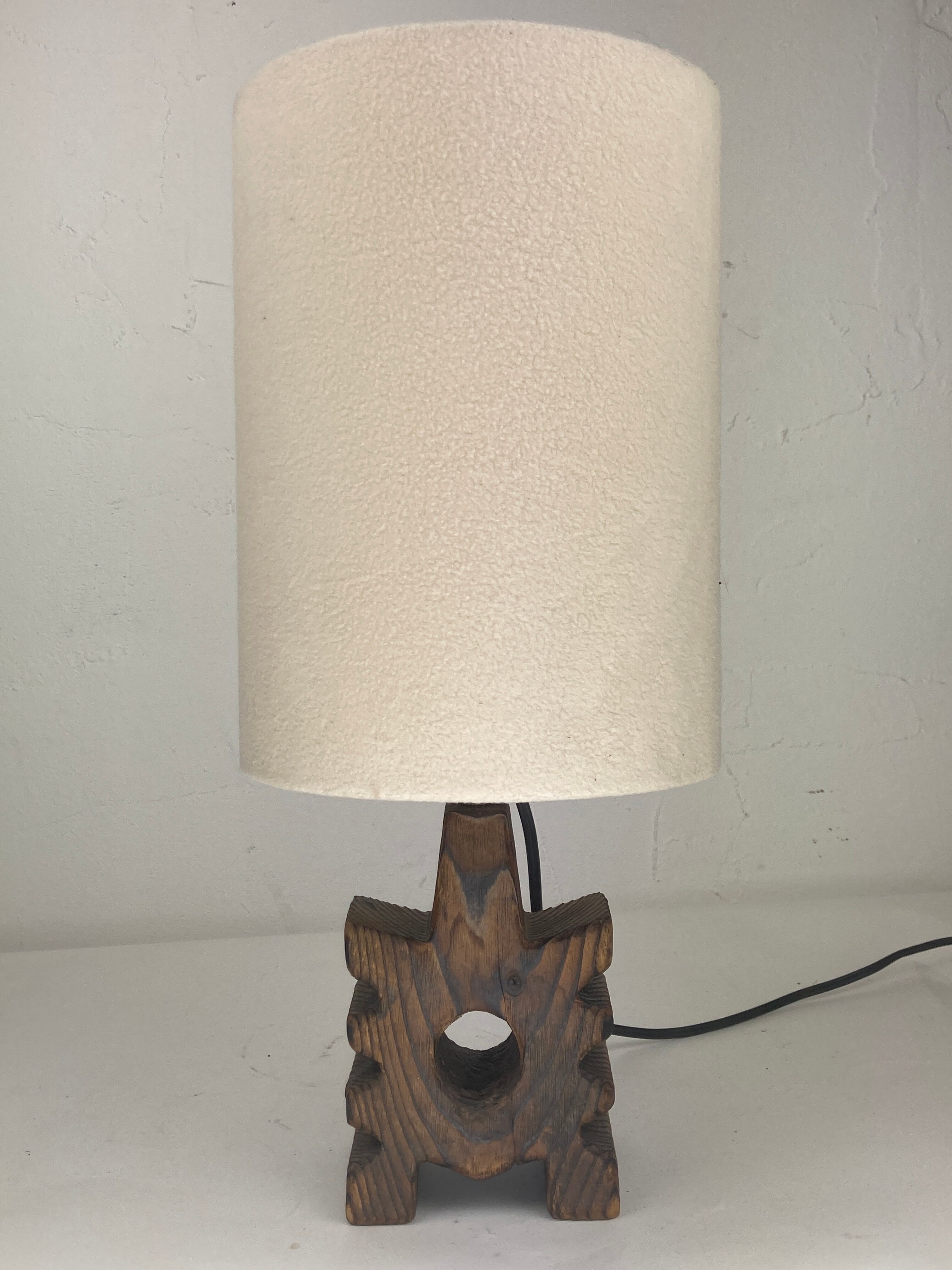 Brutalist wooden table lamp with teddy boucle shade. Dutch, 1970s