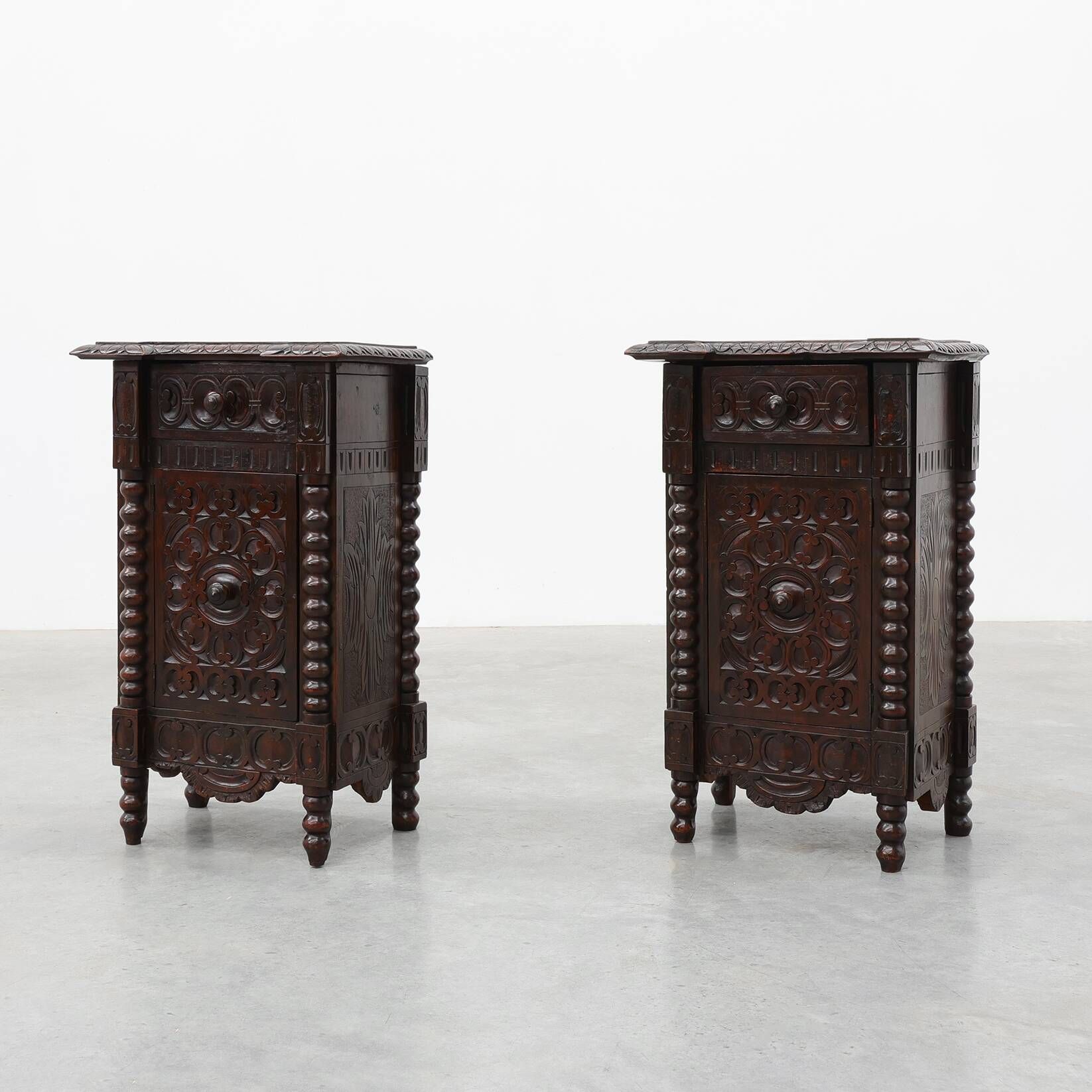 Pair of Breton Carved Oak Bedside Cabinets, France, circa 1900
