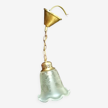 1900 art nouveau pendant lamp in brass - frosted glass tulip with plant frieze decoration