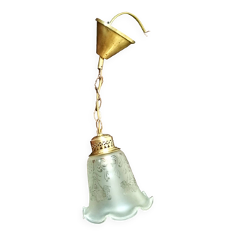 1900 art nouveau pendant lamp in brass - frosted glass tulip with plant frieze decoration