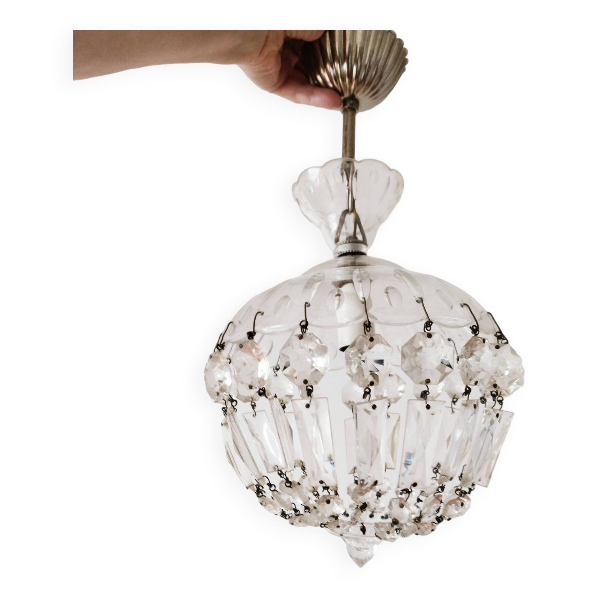 Lustre ancien à pampilles  , suspension vintage , shabby chic