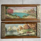Pair of Art Deco wood and embossed metal landscape frames