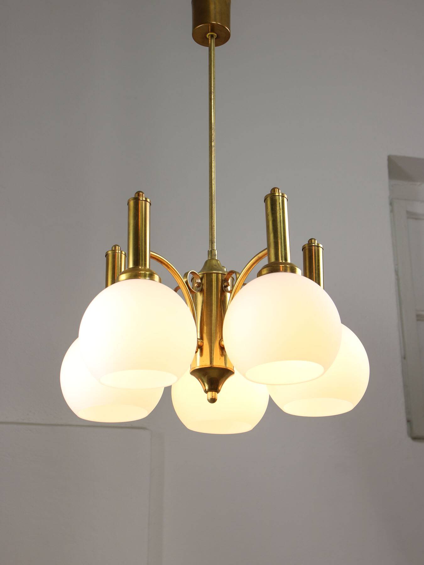 Mid-century Italian Brass and Opaline Chandelier