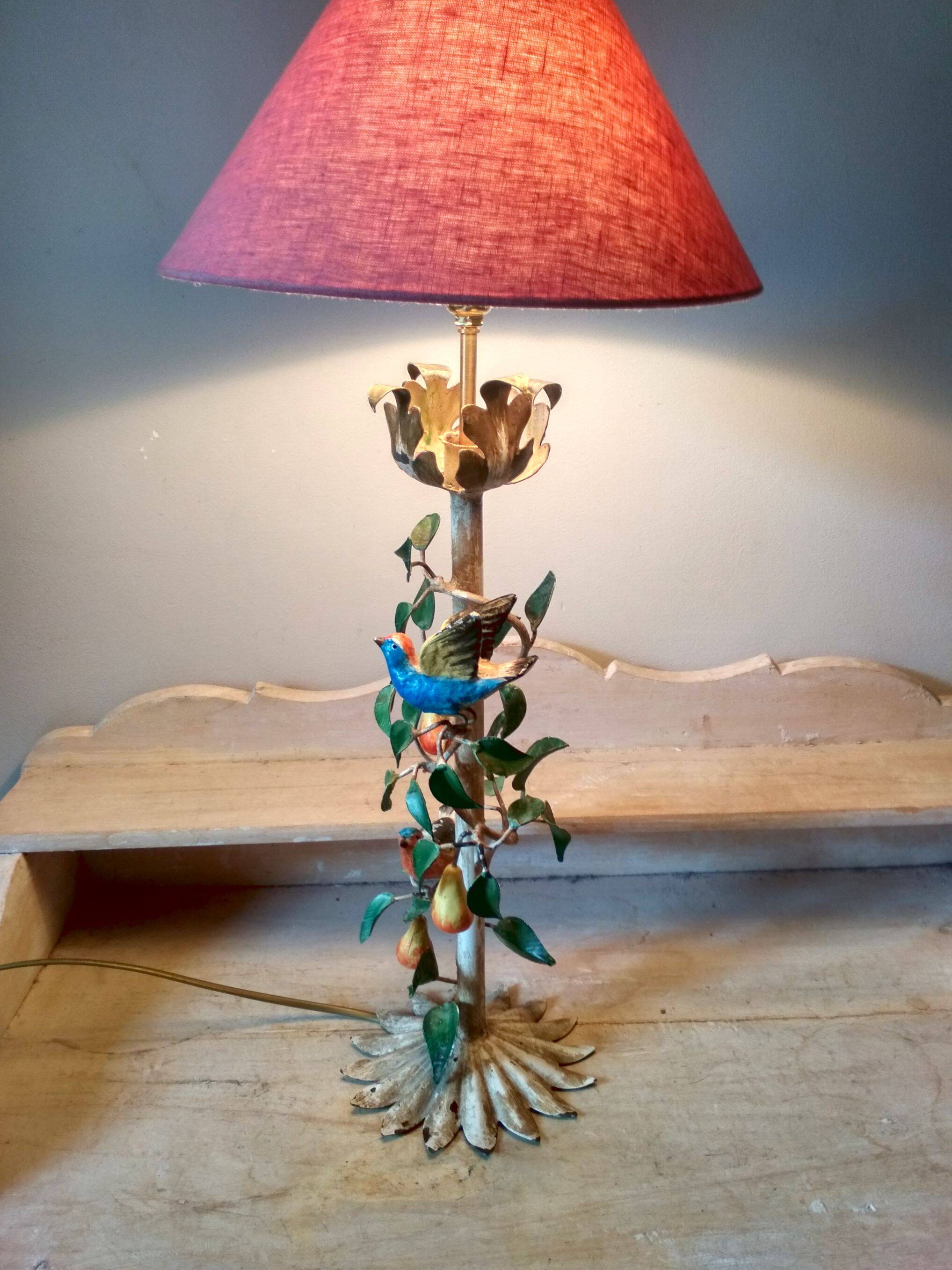 Painted metal candle holder lamp - wrought iron fruit and bird lamp base