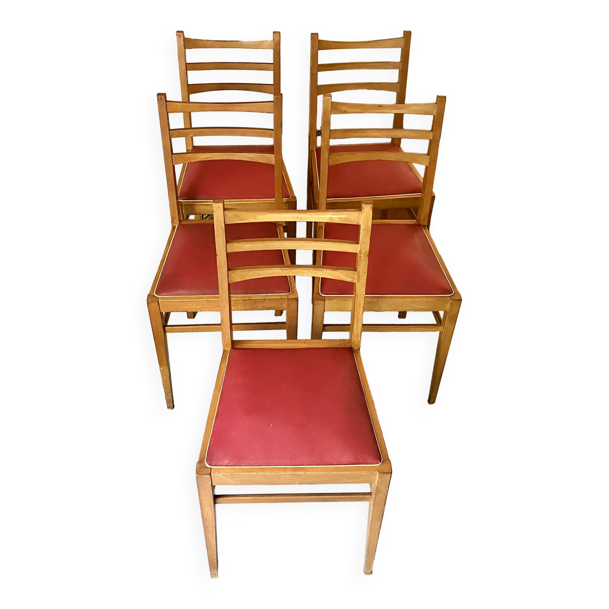 Set de 5 chaises vintage - Bois hêtre - Simili cuir - Années 50