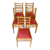 Set of 5 vintage chairs - Beech wood - Faux leather - 1950s