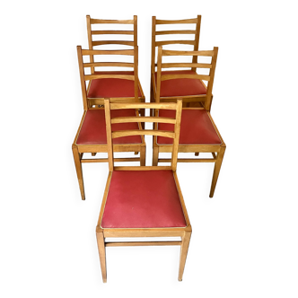 Set de 5 chaises vintage - Bois hêtre - Simili cuir - Années 50