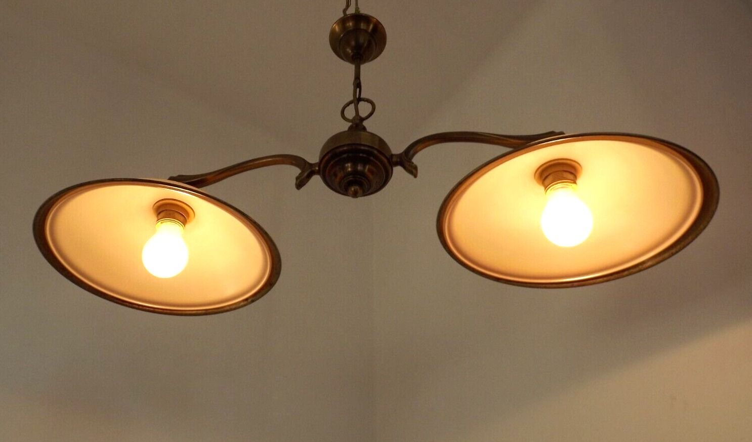 French Mid Century Bronze Billiard Light 2 Cream Amber Round Glass Shades 3921