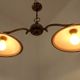 French Mid Century Bronze Billiard Light 2 Cream Amber Round Glass Shades 3921