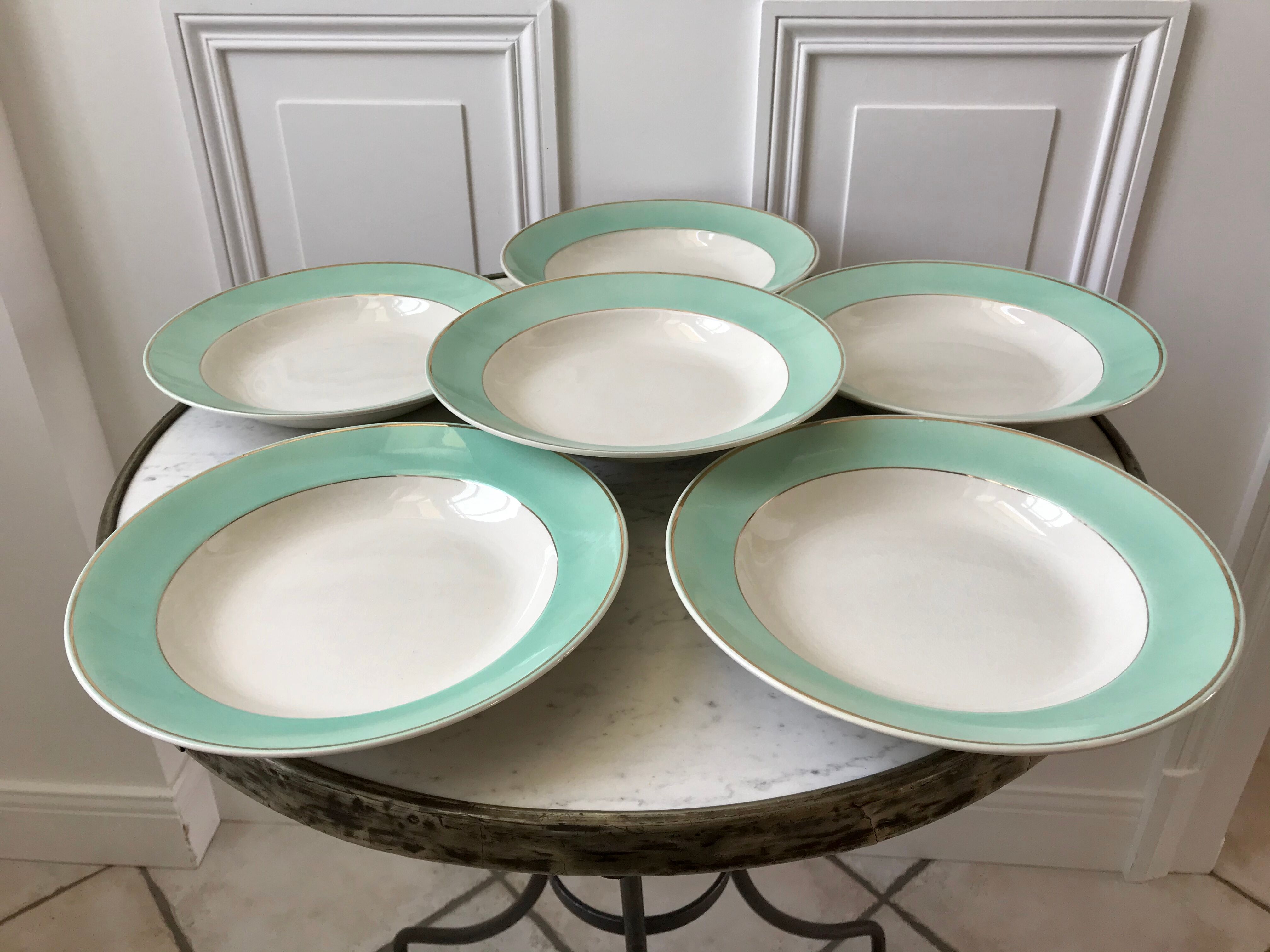 Lot de 6 assiettes creuses Longchamp couleur Céladon années 50
