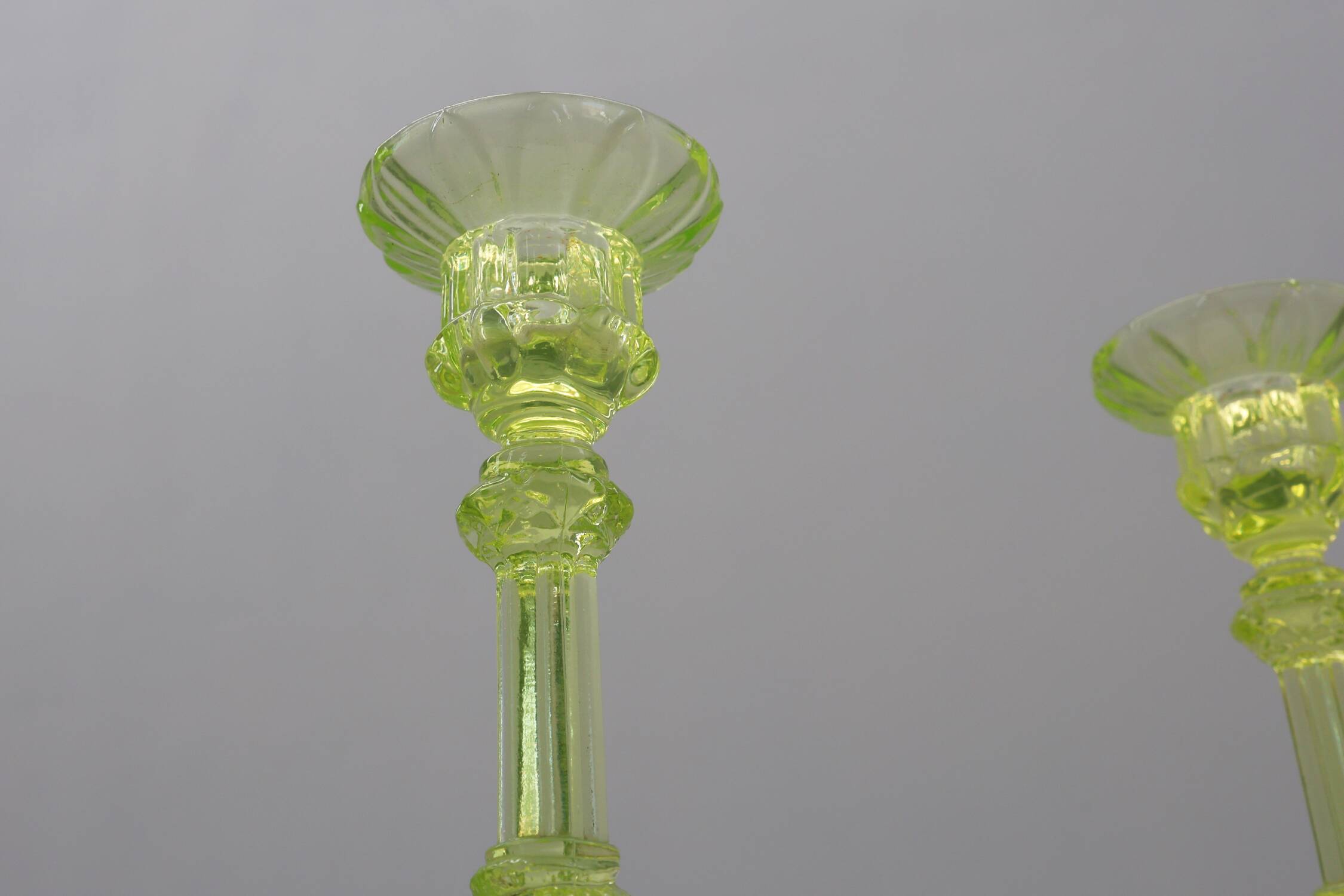 Pair Uranium or annagreen glass candlesticks by Vallerysthal & Portieux