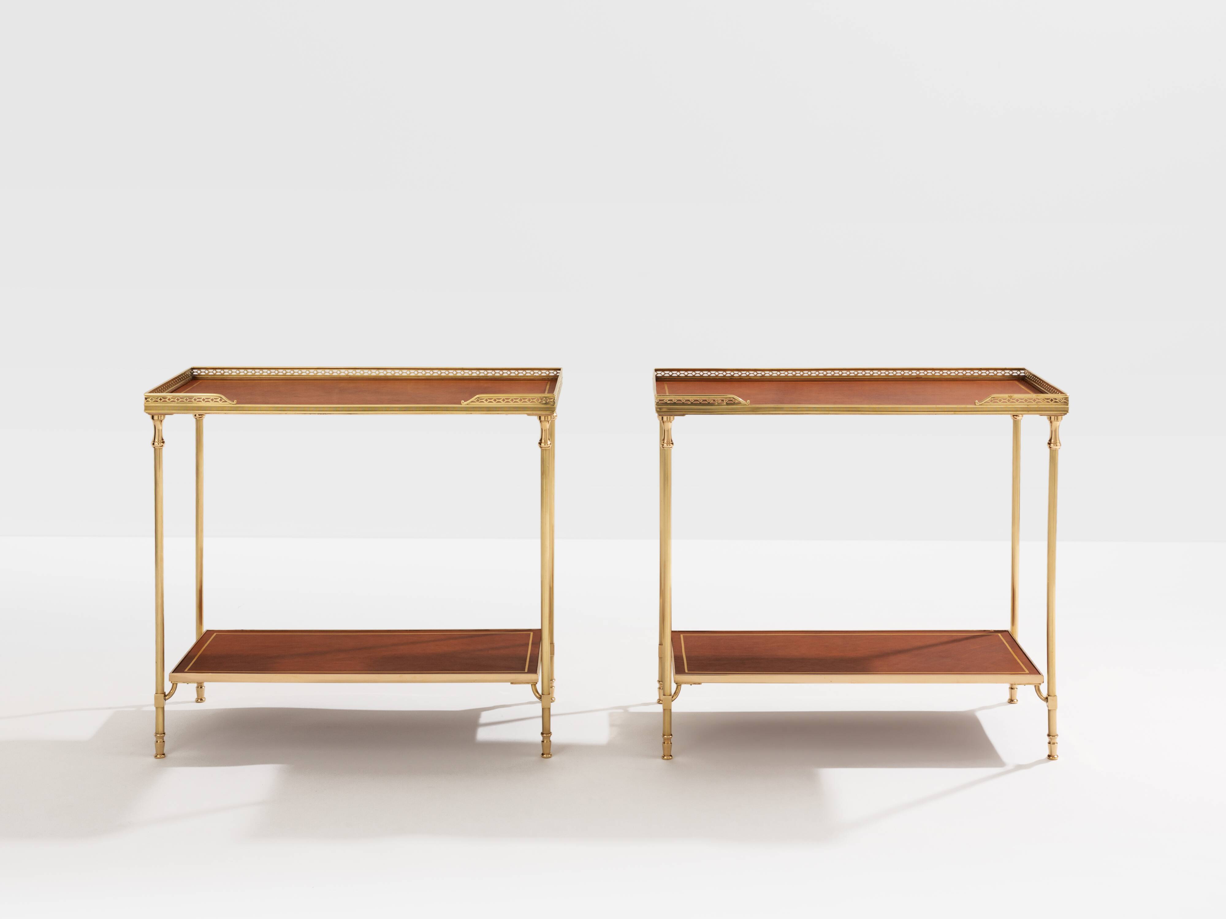 Pair of neoclassical brass and leather side tables by Maison Jansen, 1960
