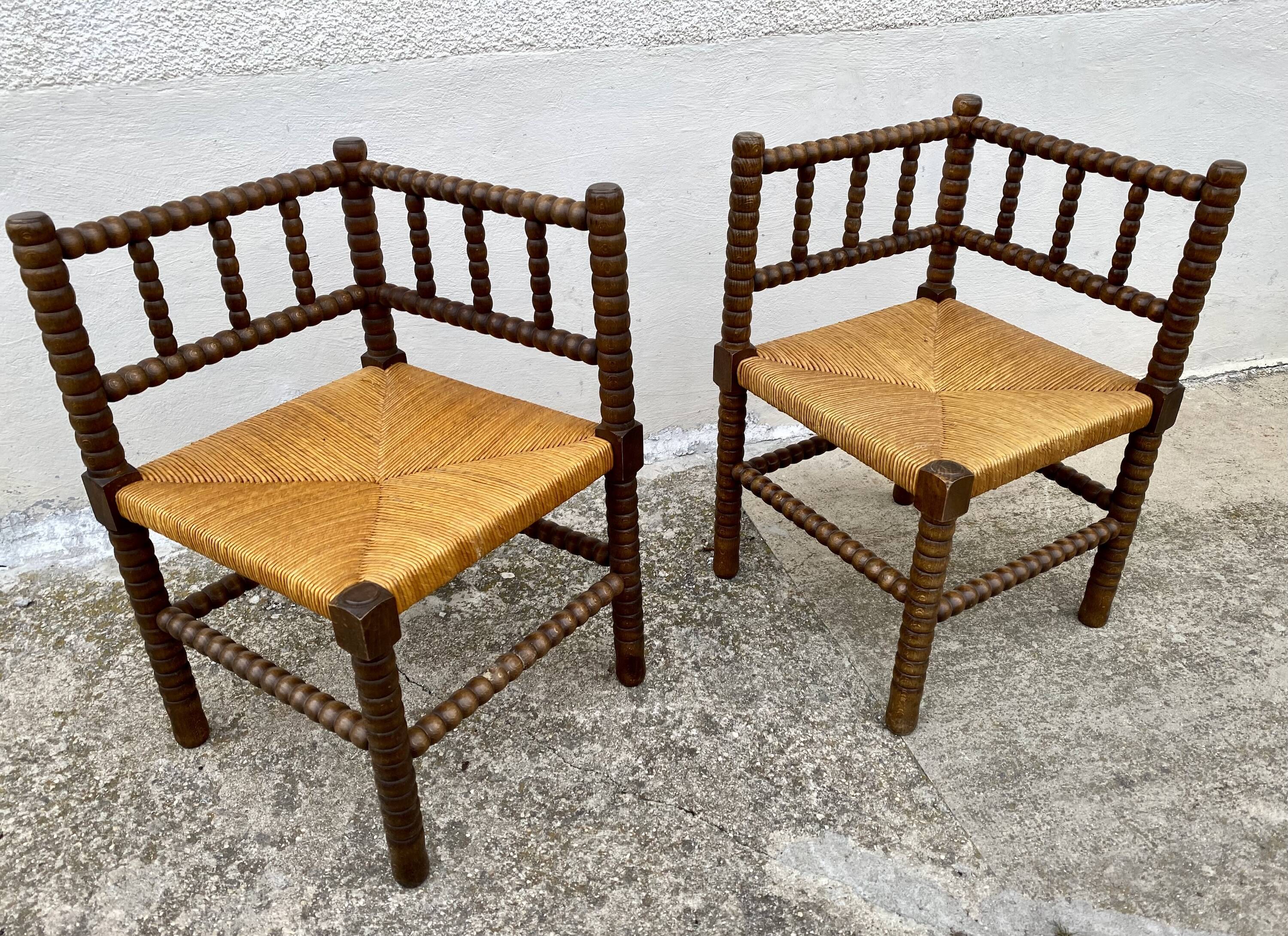 Pair of turned wood straw corner armchairs, Vintage 1950s