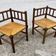 Pair of turned wood straw corner armchairs, Vintage 1950s