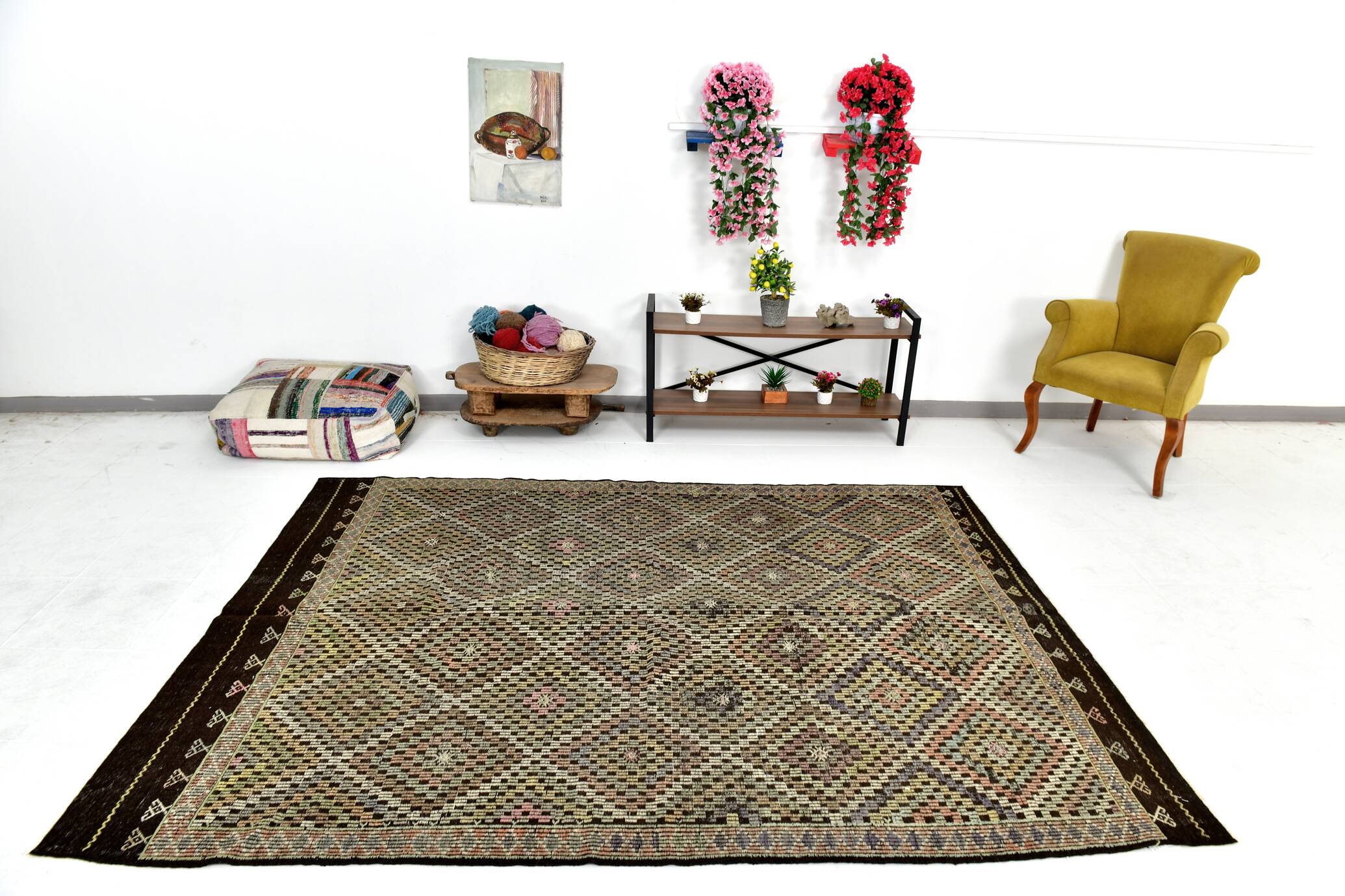 6x9 Yellow Brown Vintage Kilim Rug 199x264Cm