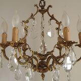 French Art Nouveau Bronze 6 Light 3 Sided Crystal Cage Chandelier 5236