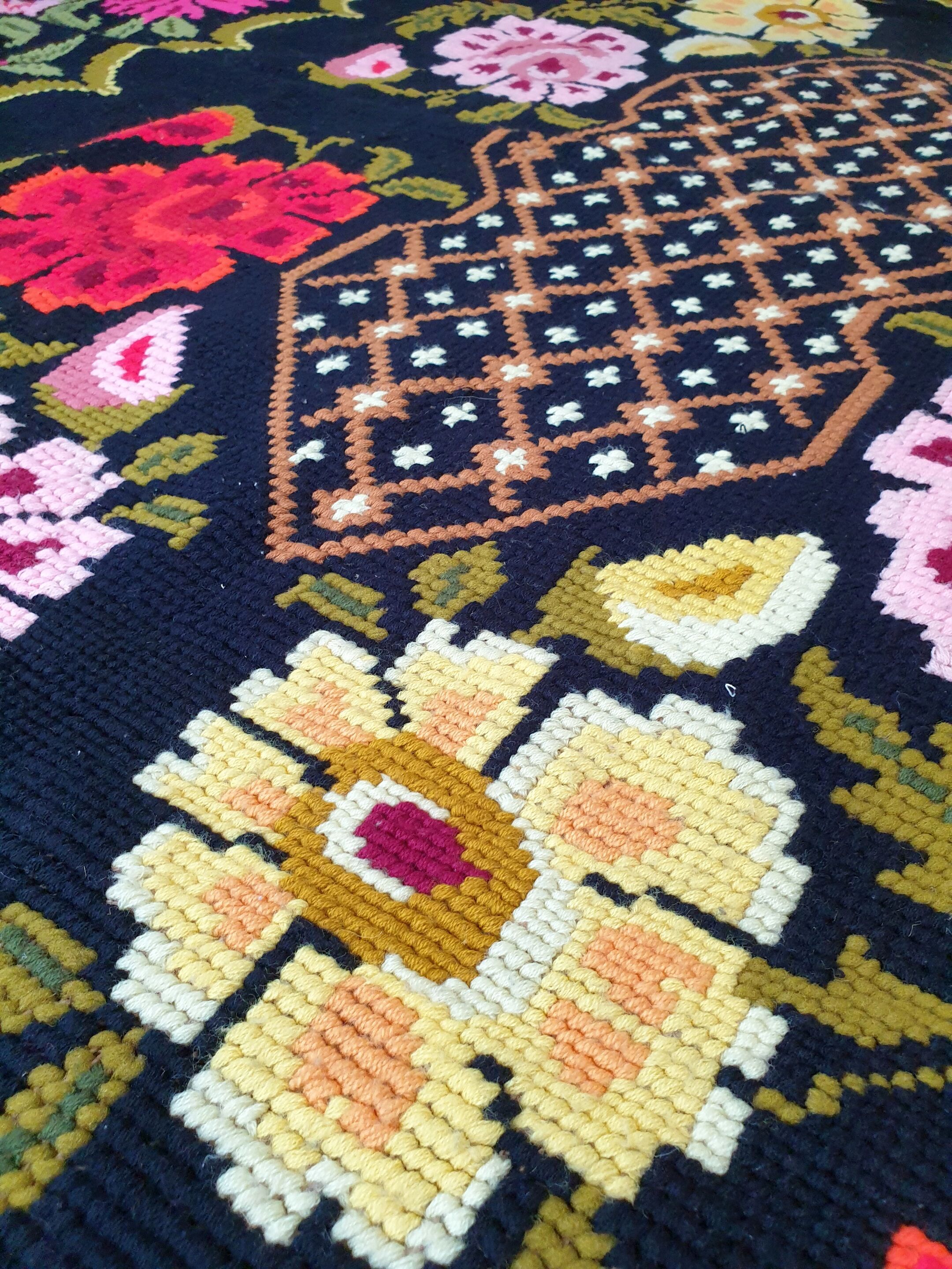 Cross stitch floral boho carpet made by hand on hemp, Romania 148x190cm